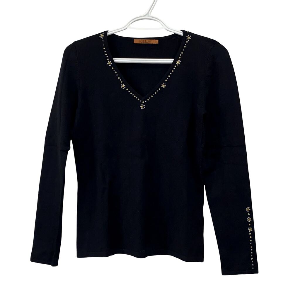 Belldini Black V-Neck Long Sleeve Top with Gold Silver Studded Details L